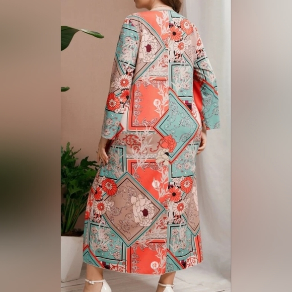 NEW LONG SLEEVE DRESS SIZE 4XL=20 US MULTICOLORED CORAL & TURQUOISE, ETC. - Picture 4 of 5